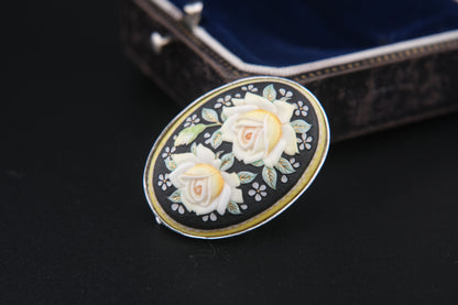 Vintage Toshikane Japan Yellow Rose Brooch Pendant – Hand-Painted Porcelain with Dual Functionality