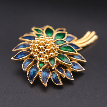 ❤️ Vintage Blue Green Enamel Flower Brooch Gold Tone Statement Pin