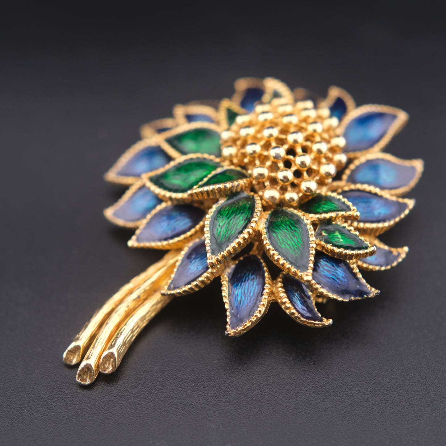 ❤️ Vintage Blue Green Enamel Flower Brooch Gold Tone Statement Pin