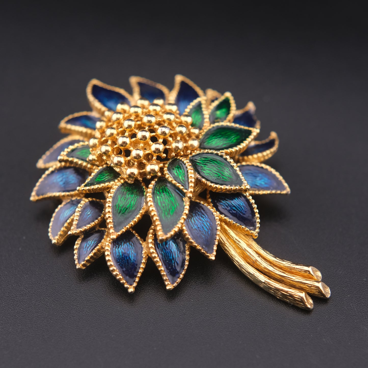 ❤️ Vintage Blue Green Enamel Flower Brooch Gold Tone Statement Pin