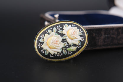 Vintage Toshikane Japan Yellow Rose Brooch Pendant – Hand-Painted Porcelain with Dual Functionality