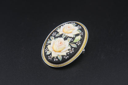 Vintage Toshikane Japan Yellow Rose Brooch Pendant – Hand-Painted Porcelain with Dual Functionality