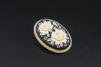 Vintage Toshikane Japan Yellow Rose Brooch Pendant – Hand-Painted Porcelain with Dual Functionality