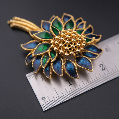 ❤️ Vintage Blue Green Enamel Flower Brooch Gold Tone Statement Pin