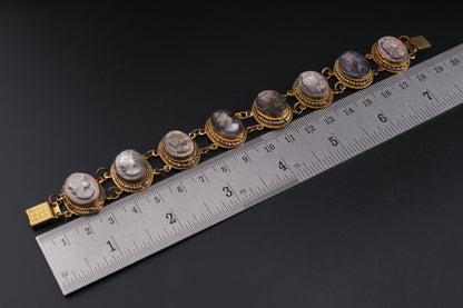 Vintage Mother of Pearl Cameo Bracelet – 7" Hand-Carved Profile Medallions