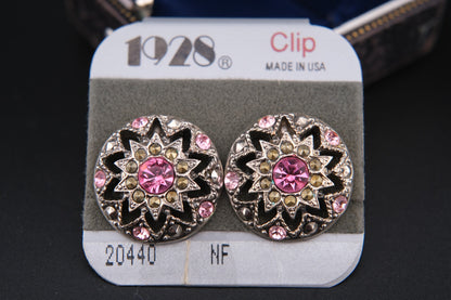 ❤️ Vintage 1928 Pink Crystal Medallion Clip Earrings – Silver-Tone, Made in USA