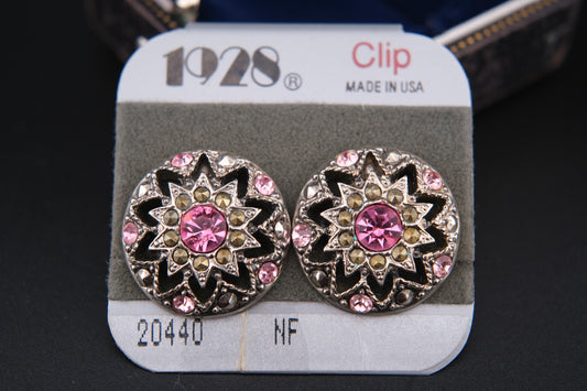 ❤️ Vintage 1928 Pink Crystal Medallion Clip Earrings – Silver-Tone, Made in USA