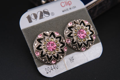 ❤️ Vintage 1928 Pink Crystal Medallion Clip Earrings – Silver-Tone, Made in USA
