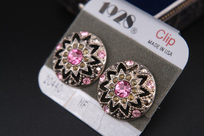 ❤️ Vintage 1928 Pink Crystal Medallion Clip Earrings – Silver-Tone, Made in USA