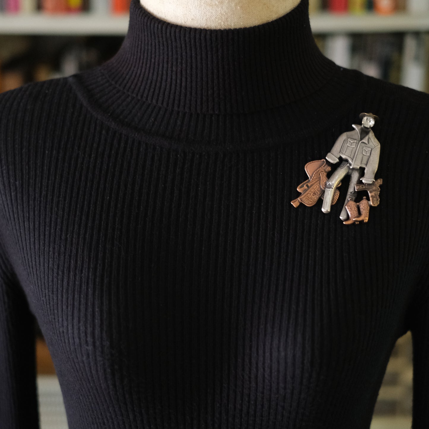 Vintage Cowboy Figural Brooch – Gun & Boots Western Motif with Rhinestone Face, Oxidized Silver & Copper Tone