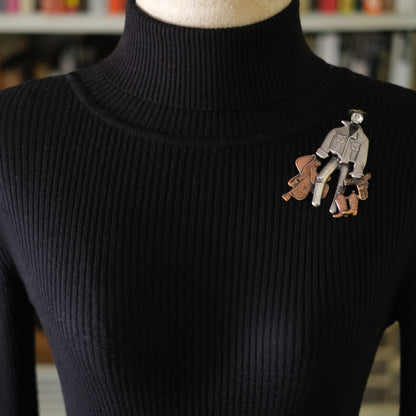 Vintage Cowboy Figural Brooch – Gun & Boots Western Motif with Rhinestone Face, Oxidized Silver & Copper Tone
