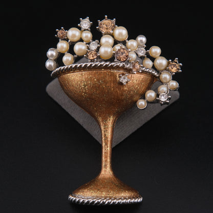 ❤️ Vintage Graziano 2000 Champagne Glass Brooch Faux Pearl Austrian Crystal Gold Enamel Millennium Celebration Pin