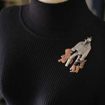 Vintage Cowboy Figural Brooch – Gun & Boots Western Motif with Rhinestone Face, Oxidized Silver & Copper Tone