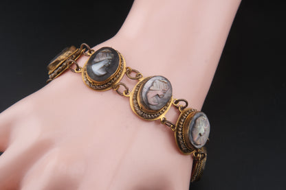 Vintage Mother of Pearl Cameo Bracelet – 7" Hand-Carved Profile Medallions