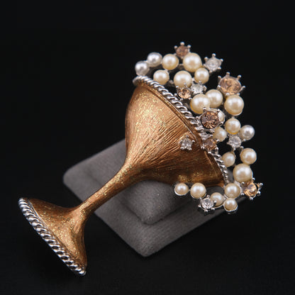 ❤️ Vintage Graziano 2000 Champagne Glass Brooch Faux Pearl Austrian Crystal Gold Enamel Millennium Celebration Pin