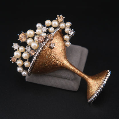 ❤️ Vintage Graziano 2000 Champagne Glass Brooch Faux Pearl Austrian Crystal Gold Enamel Millennium Celebration Pin