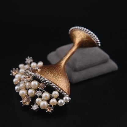 ❤️ Vintage Graziano 2000 Champagne Glass Brooch Faux Pearl Austrian Crystal Gold Enamel Millennium Celebration Pin