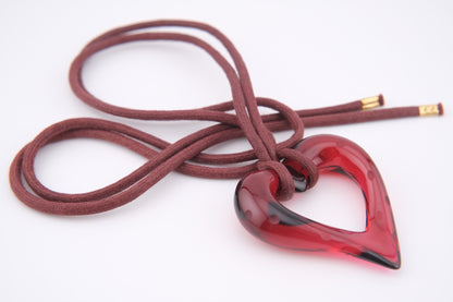 ❤️ Baccarat Red Crystal Heart Pendant Necklace on Burgundy Cord