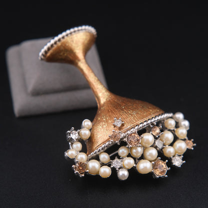 ❤️ Vintage Graziano 2000 Champagne Glass Brooch Faux Pearl Austrian Crystal Gold Enamel Millennium Celebration Pin