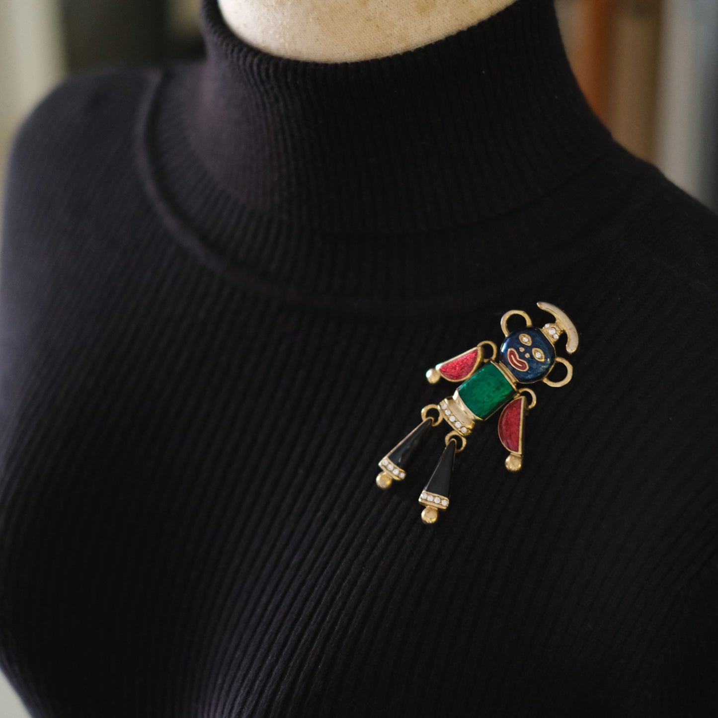 Vintage Articulated Clown Brooch / Pendant – Gold Tone Enamel Rhinestone Movable Figure (Convertible Jewelry)