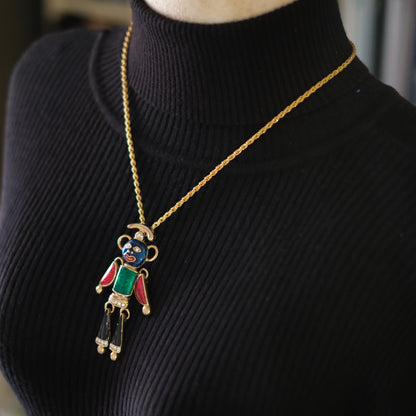 Vintage Articulated Clown Brooch / Pendant – Gold Tone Enamel Rhinestone Movable Figure (Convertible Jewelry)