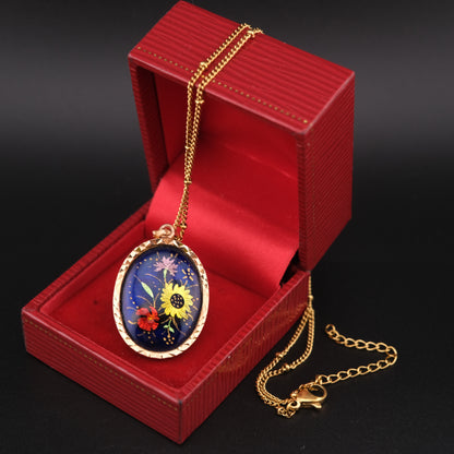 Vintage J. Tanvier Blois Hand-Painted Floral Pendant Necklace – French Enamel Art on Gold-Tone Chain