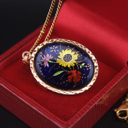 Vintage J. Tanvier Blois Hand-Painted Floral Pendant Necklace – French Enamel Art on Gold-Tone Chain