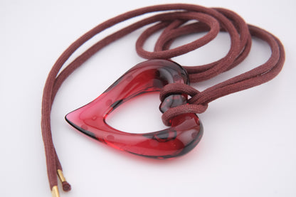 ❤️ Baccarat Red Crystal Heart Pendant Necklace on Burgundy Cord