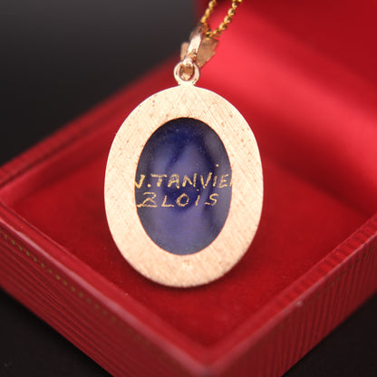 Vintage J. Tanvier Blois Hand-Painted Floral Pendant Necklace – French Enamel Art on Gold-Tone Chain