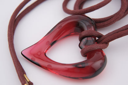 ❤️ Baccarat Red Crystal Heart Pendant Necklace on Burgundy Cord