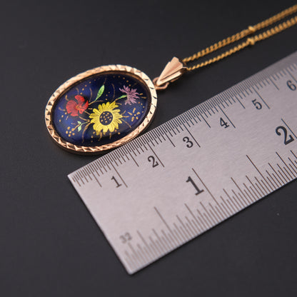 Vintage J. Tanvier Blois Hand-Painted Floral Pendant Necklace – French Enamel Art on Gold-Tone Chain