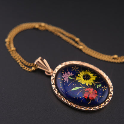 Vintage J. Tanvier Blois Hand-Painted Floral Pendant Necklace – French Enamel Art on Gold-Tone Chain