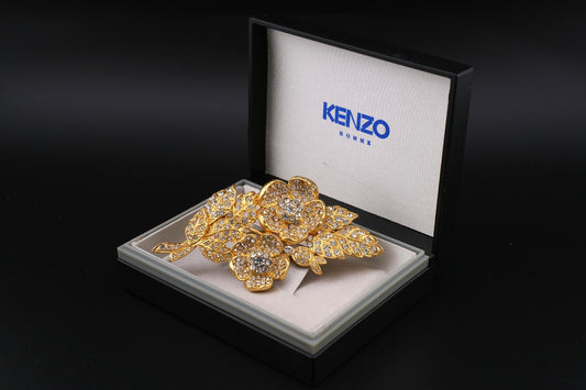 Vintage Kenzo Floral Brooch – Gold-Tone with Crystal Rhinestones (Original Box)