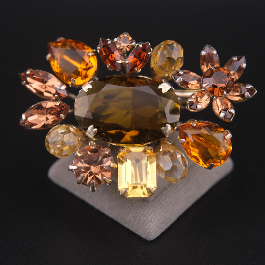 ❤️ Vintage Amber & Champagne Rhinestone Cluster Brooch Silver Tone Floral Spray Pin