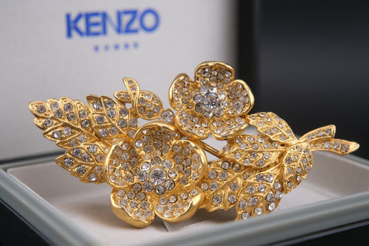 Vintage Kenzo Floral Brooch – Gold-Tone with Crystal Rhinestones (Original Box)