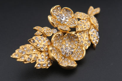 Vintage Kenzo Floral Brooch – Gold-Tone with Crystal Rhinestones (Original Box)