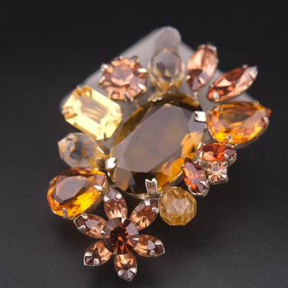 ❤️ Vintage Amber & Champagne Rhinestone Cluster Brooch Silver Tone Floral Spray Pin