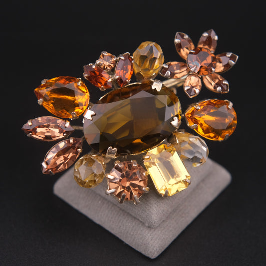❤️ Vintage Amber & Champagne Rhinestone Cluster Brooch Silver Tone Floral Spray Pin