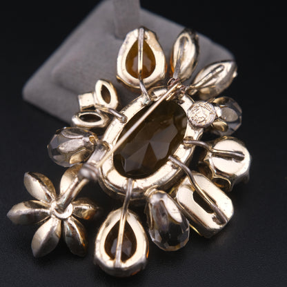 ❤️ Vintage Amber & Champagne Rhinestone Cluster Brooch Silver Tone Floral Spray Pin