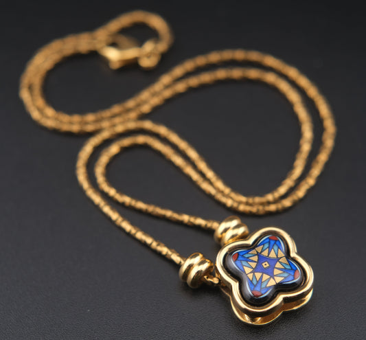 Vintage Michaela Frey Wien Cloisonné Enamel Quatrefoil Pendant Necklace