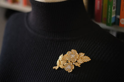 Vintage Kenzo Floral Brooch – Gold-Tone with Crystal Rhinestones (Original Box)