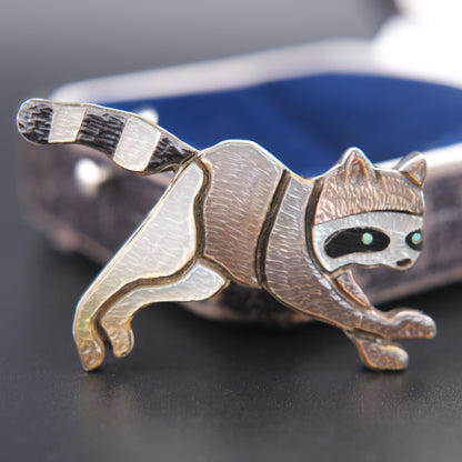 Vintage Zuni Raccoon Brooch Pendant by Andrea Lonjose – Sterling Silver & Enamel Inlay | Native American Signed Jewelry