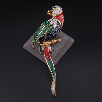 ❤️ Vintage Attwood & Sawyer Enamel Parrot Brooch Gold Tone Rhinestone Bird Pin Long Tropical Parrot Statement Brooch