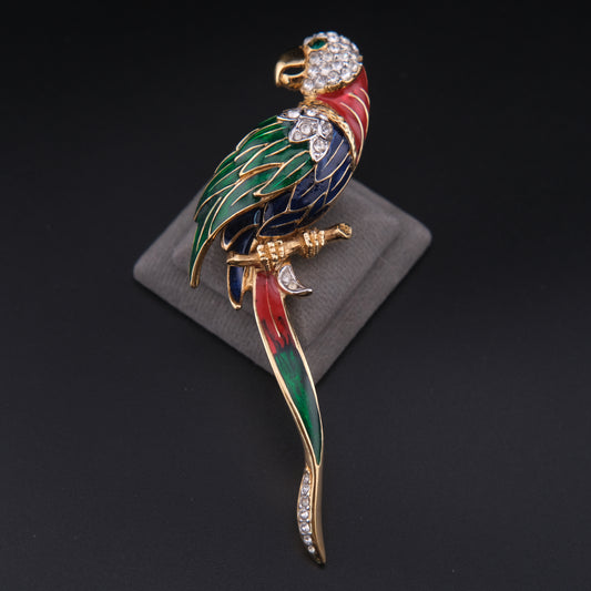 ❤️ Vintage Attwood & Sawyer Enamel Parrot Brooch Gold Tone Rhinestone Bird Pin Long Tropical Parrot Statement Brooch
