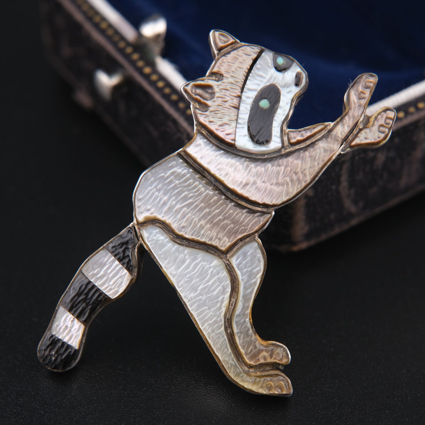 Vintage Zuni Raccoon Brooch Pendant by Andrea Lonjose – Sterling Silver & Enamel Inlay | Native American Signed Jewelry