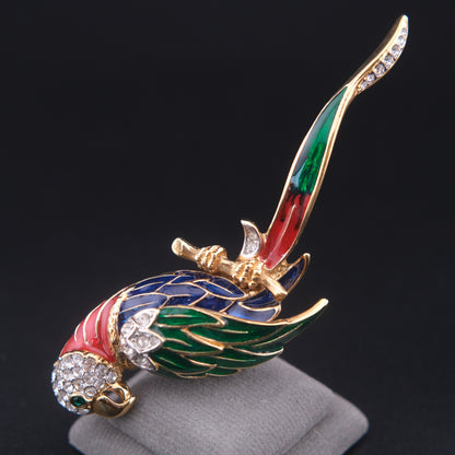 ❤️ Vintage Attwood & Sawyer Enamel Parrot Brooch Gold Tone Rhinestone Bird Pin Long Tropical Parrot Statement Brooch