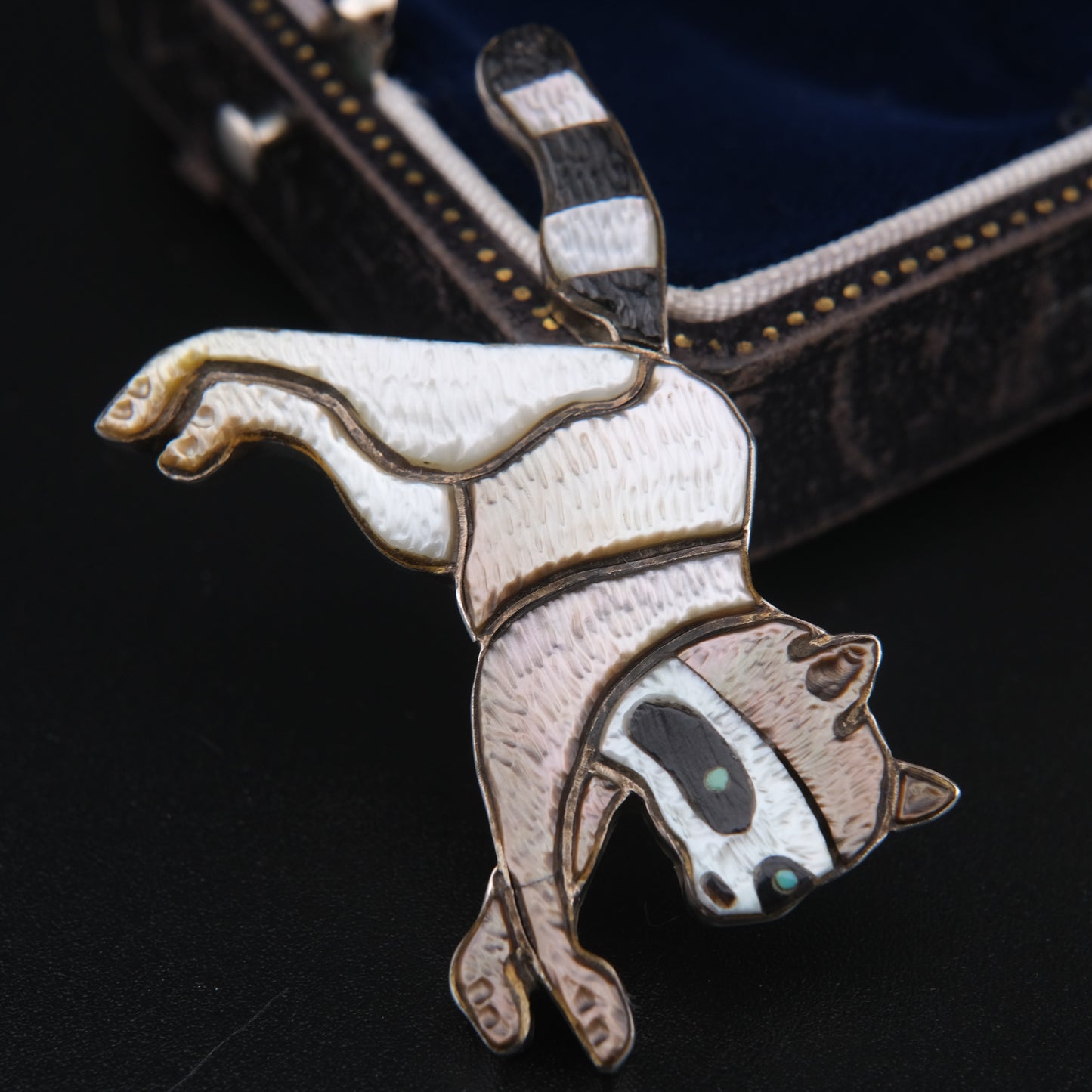 Vintage Zuni Raccoon Brooch Pendant by Andrea Lonjose – Sterling Silver & Enamel Inlay | Native American Signed Jewelry
