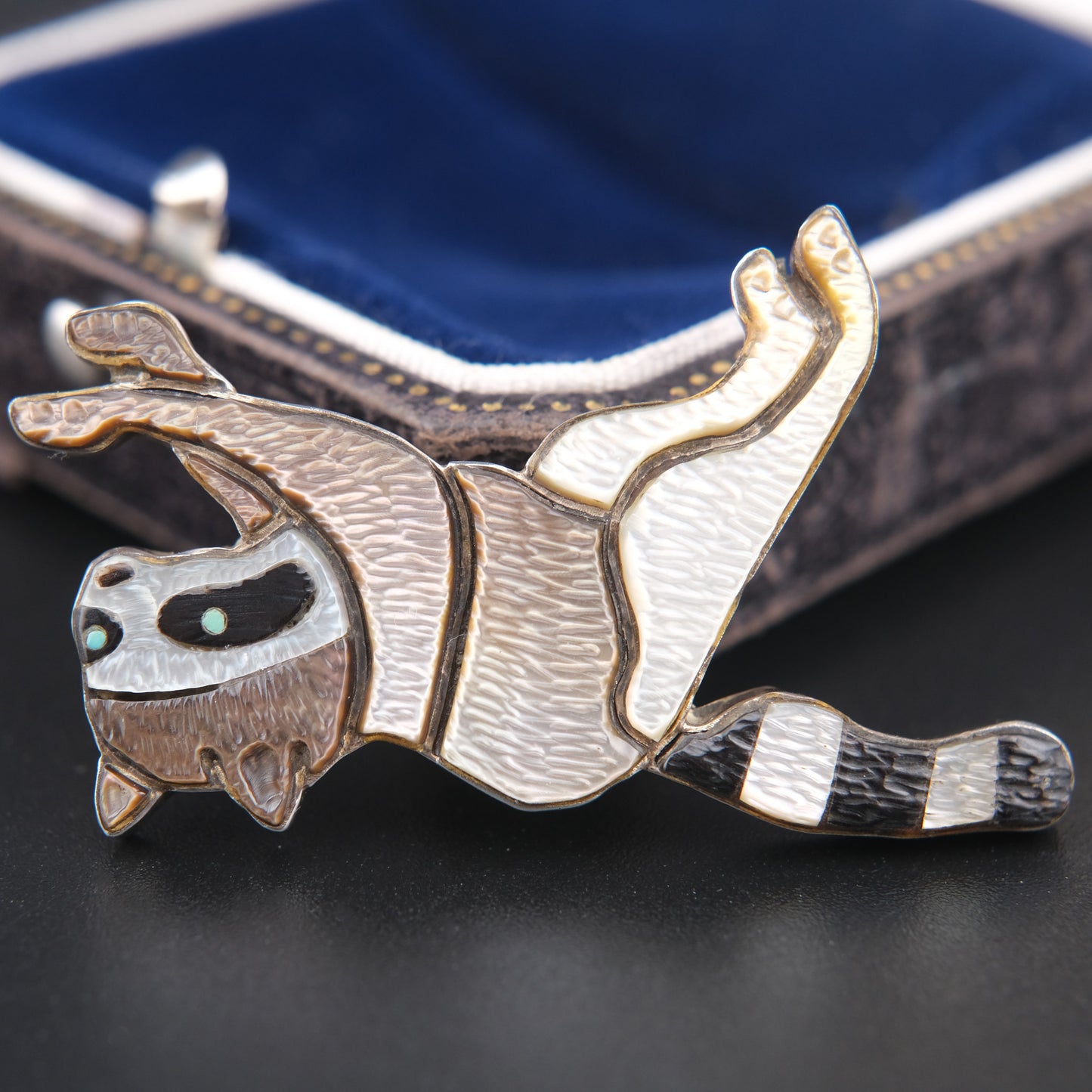 Vintage Zuni Raccoon Brooch Pendant by Andrea Lonjose – Sterling Silver & Enamel Inlay | Native American Signed Jewelry