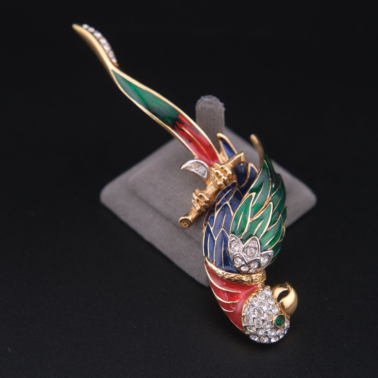 ❤️ Vintage Attwood & Sawyer Enamel Parrot Brooch Gold Tone Rhinestone Bird Pin Long Tropical Parrot Statement Brooch