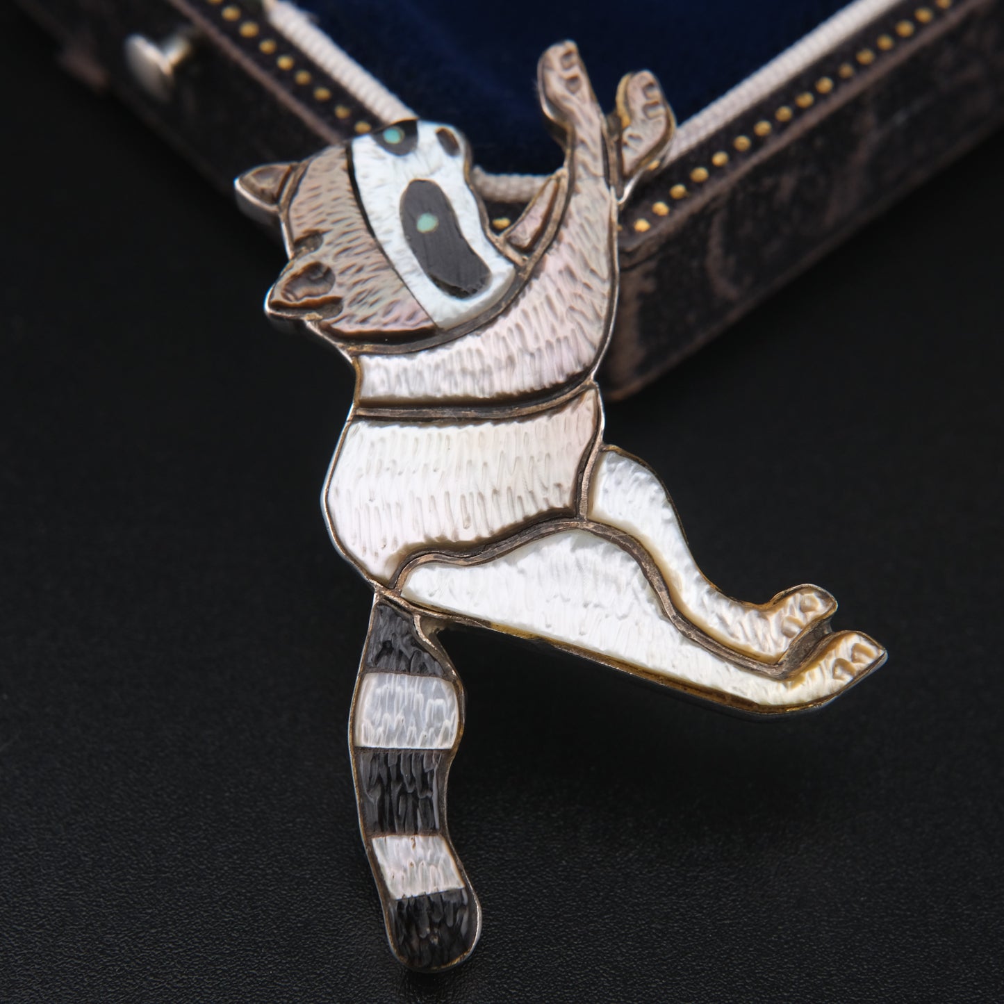 Vintage Zuni Raccoon Brooch Pendant by Andrea Lonjose – Sterling Silver & Enamel Inlay | Native American Signed Jewelry